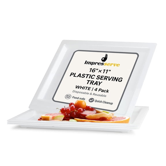 Impresserve 16" x 11" Plastic Serving Trays, White, 4 Count, Rectangular Disposable Platters for Parties and Events, Durable Food Display Tray