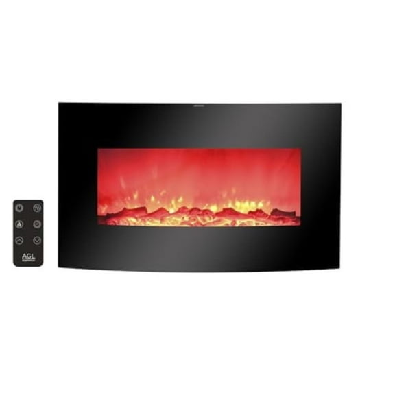 AGL APPLIANCES LLC 38 Inch Electric Fireplace Heater Stove | Tempered Glass Curved Screen with Log or Crystal Effect | Wall-Mounted/Free Standing | Adjustable Brightness with Remote Control