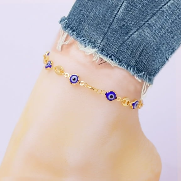 18K Yellow Gold Mariner Blue Evil Eye Crystal Anklet Plated