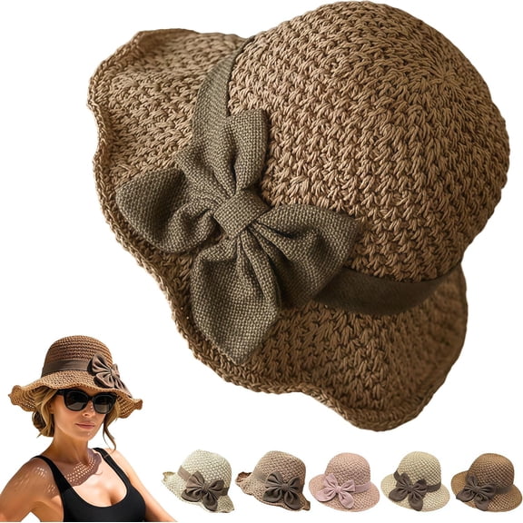 2026 New Sun Hat with Bow Elegant Woven Straw Sun Hat for Women Wide Brim Packable Travel Bucket Hat Crochet Hats for Women