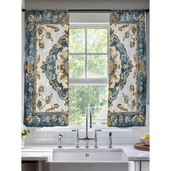 Boho Blue Sheer Curtains for Living Room Bedroom Vintage Southwestern Geometric Ethnic Sheer Curtains 63 Inch Long 2 Panels Set Light Filtering Curtain Window Treatments Drapes for Dining Room