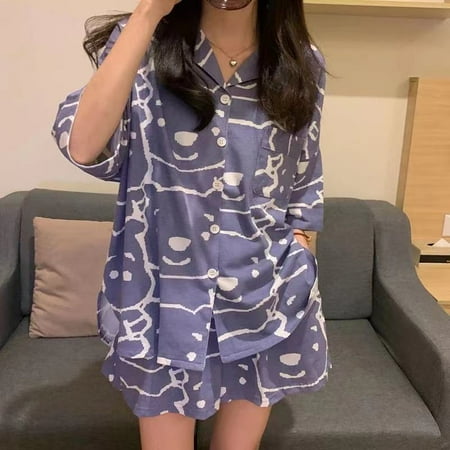 

Toyella New Cardigan Pajamas Women s Summer Thin Cartoon Sweet Japanese Homewear Suit Open Short Blue Blue Bear XL