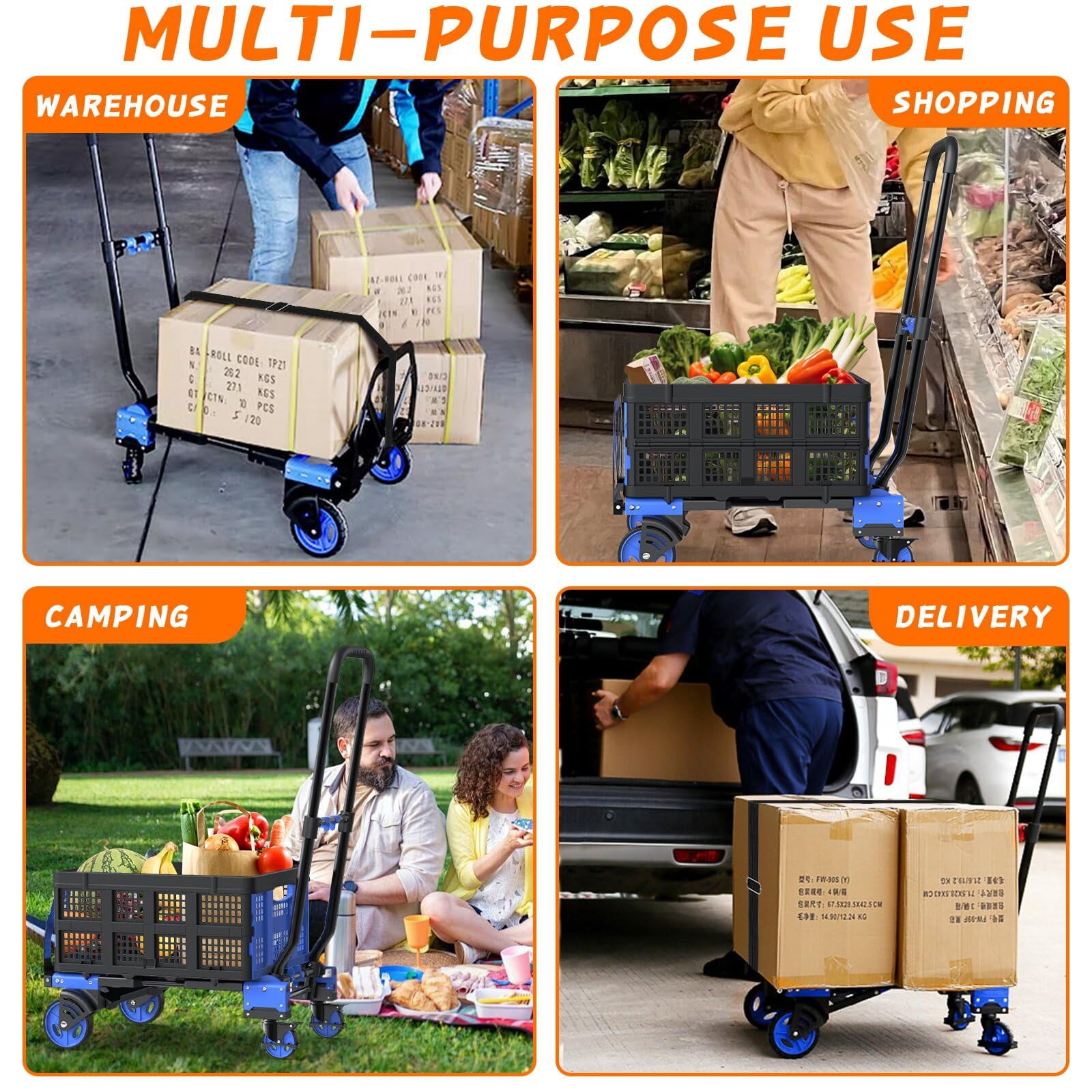 2-in-1Hand Truck Dolly with Folding Basket, Dolly Cart with 4 Wheels, Wagons Carts Foldable with Retractable Handle, Foldable wagon for Moving, 330LBS Capacity, Blue