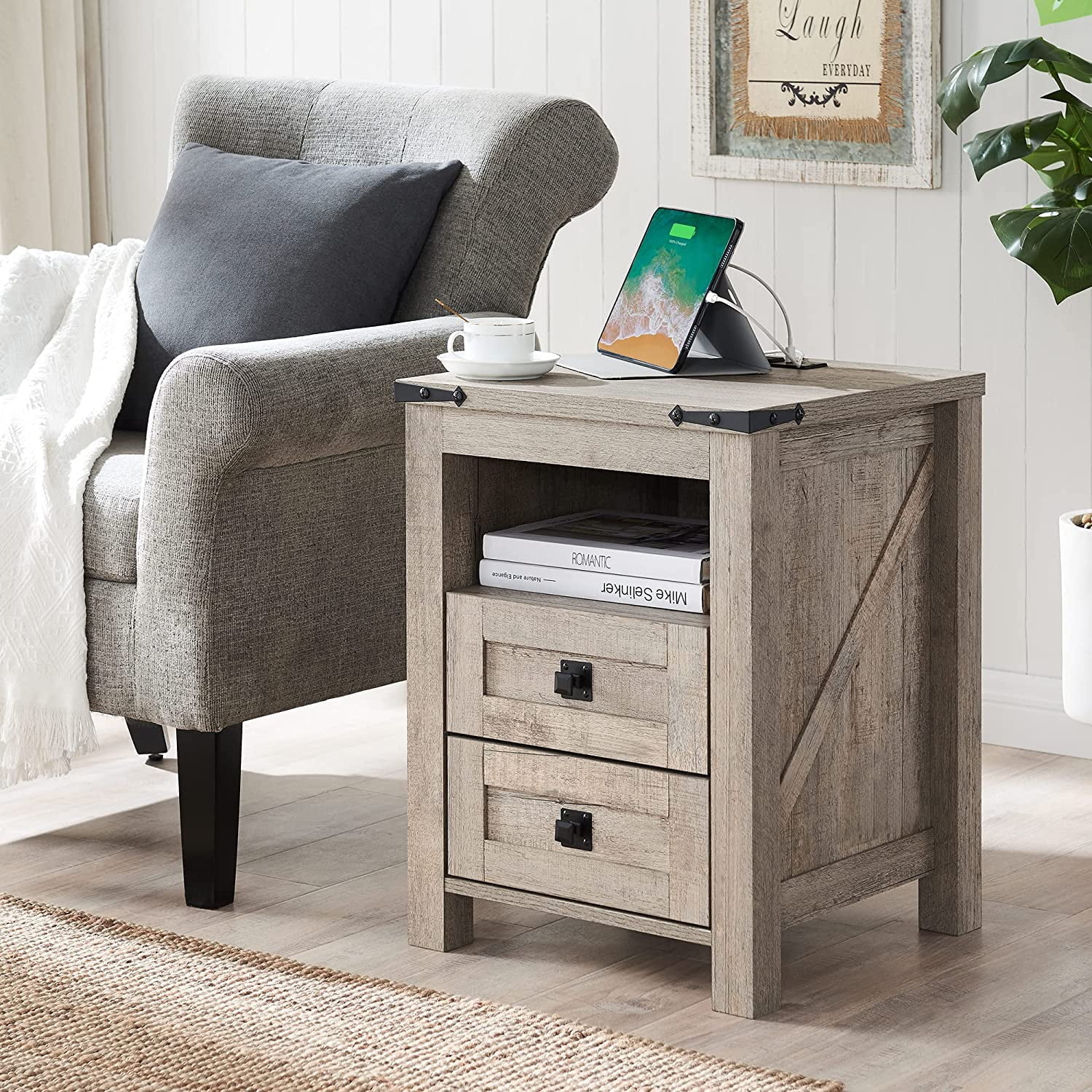 OKD Farmhouse Nightstand with Charging Station for Bedroom, 2-Drawer Rustic End Tables for Living Room, Light Rustic Oak