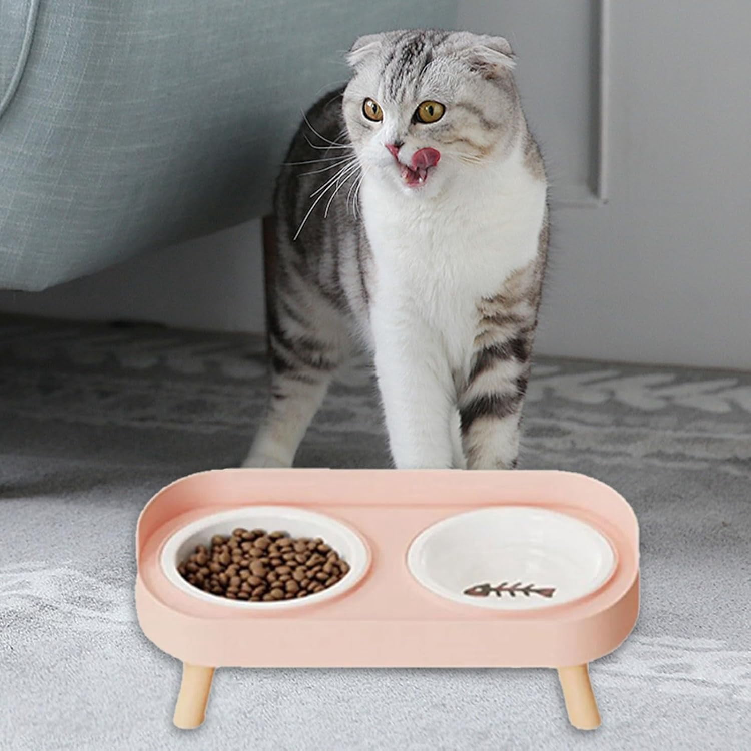Ceramic Double Bowl Dog Cat Feeder, Food and Water, Dishwasher Safe