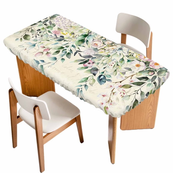 Eucalyptus Leaves Table Cloths for 6 Foot Rectangle Tables, Farmhouse Sage Green Leaf Floral Plants Patio Waterproof Elastic Fitted Tablecloths, Washable Rectangular Table Cover for Camping