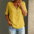 thumbnail image 5 of LIZUOJUN Women's Mid sleeve T-shirt Casual Button Down Washed Cotton LinenMiddle Length Sleeve Tops Casual Button Round Neck Loose Summer Top T Shirt,Yellow 2XL, 5 of 6