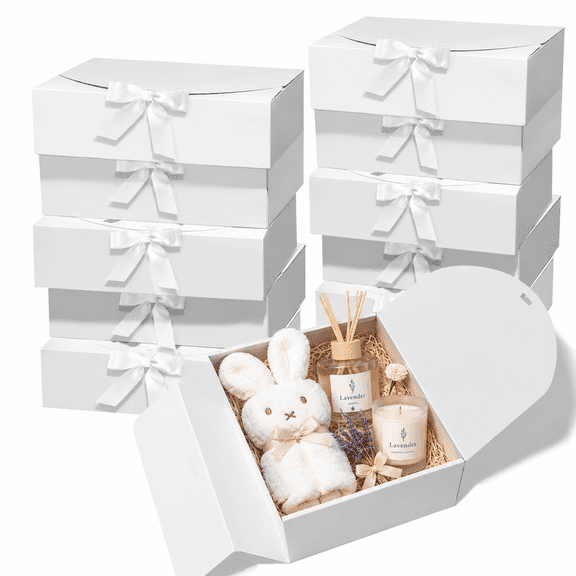 10 Pack White Gift Boxes with Lids and Ribbon, 10.6 x 7.8 x 3.2 Inch Kraft Paper Gift Boxes for Wedding, Birthday, Party Favors and Presents