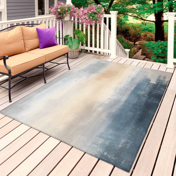 Navy Blue Beige Gray Outdoor Rug for Patio/Deck/Porch, Non-Slip Large Area Rug 5 x 8 Ft, Modern Abstract Art Indoor Outdoor Rugs Washable Area Rugs, Reversible Camping Rug Carpet Runner