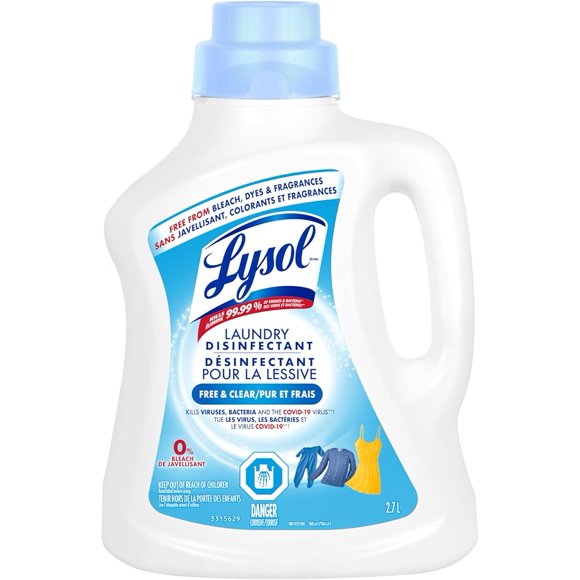 Lysol Laundry Disinfectant, Free and Clear, No Fragrances, No Dyes, 0% Bleach, Kills 99.9% of Viruses & Bacteria, 2.7L