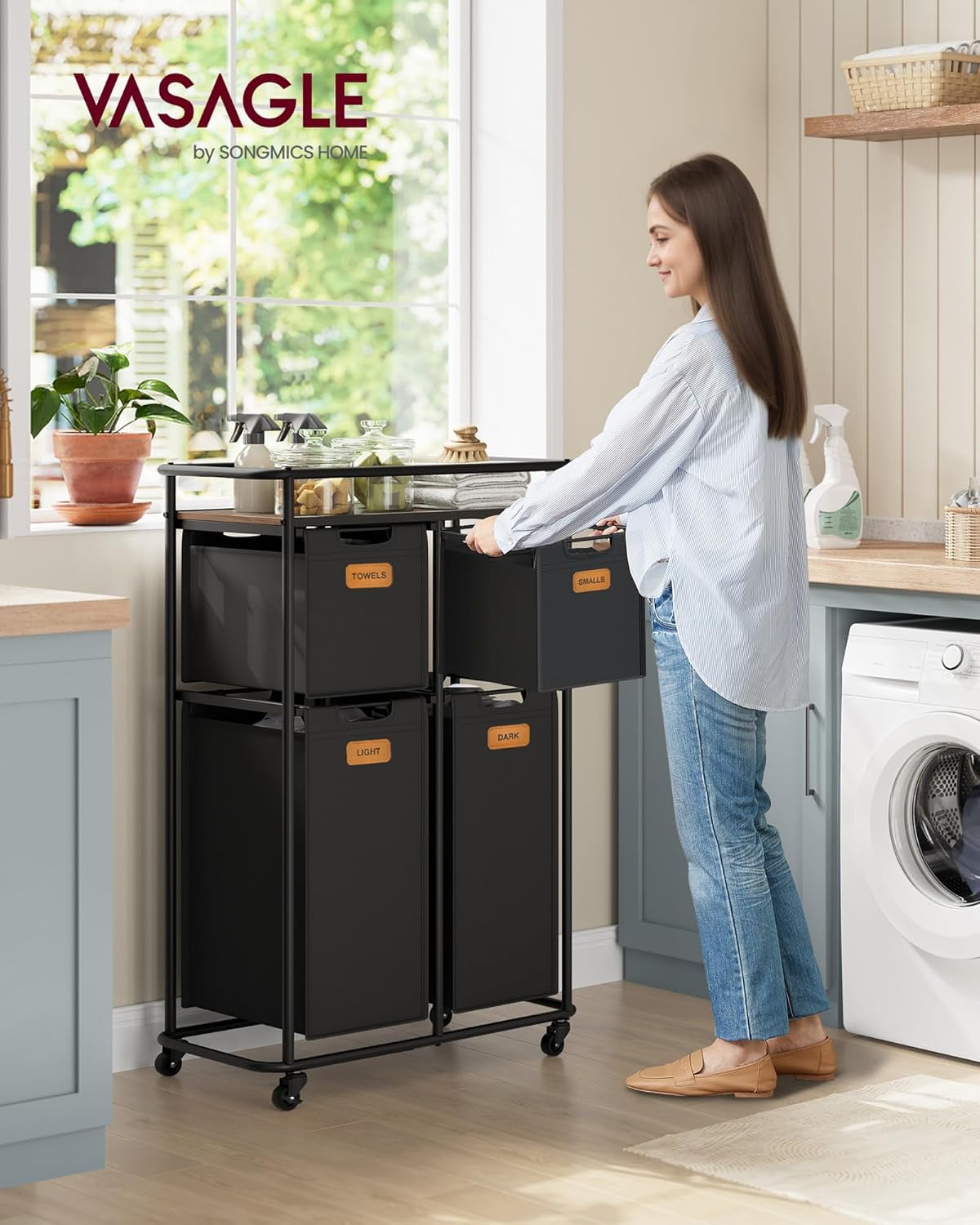 Laundry Sorter, Laundry Basket with Wheels, 39.6 Gal. Rolling Laundry Hamper, Portable Laundry Cart 4 Removable Liners and 6 Labels, Ink Black and Chestnut Brown