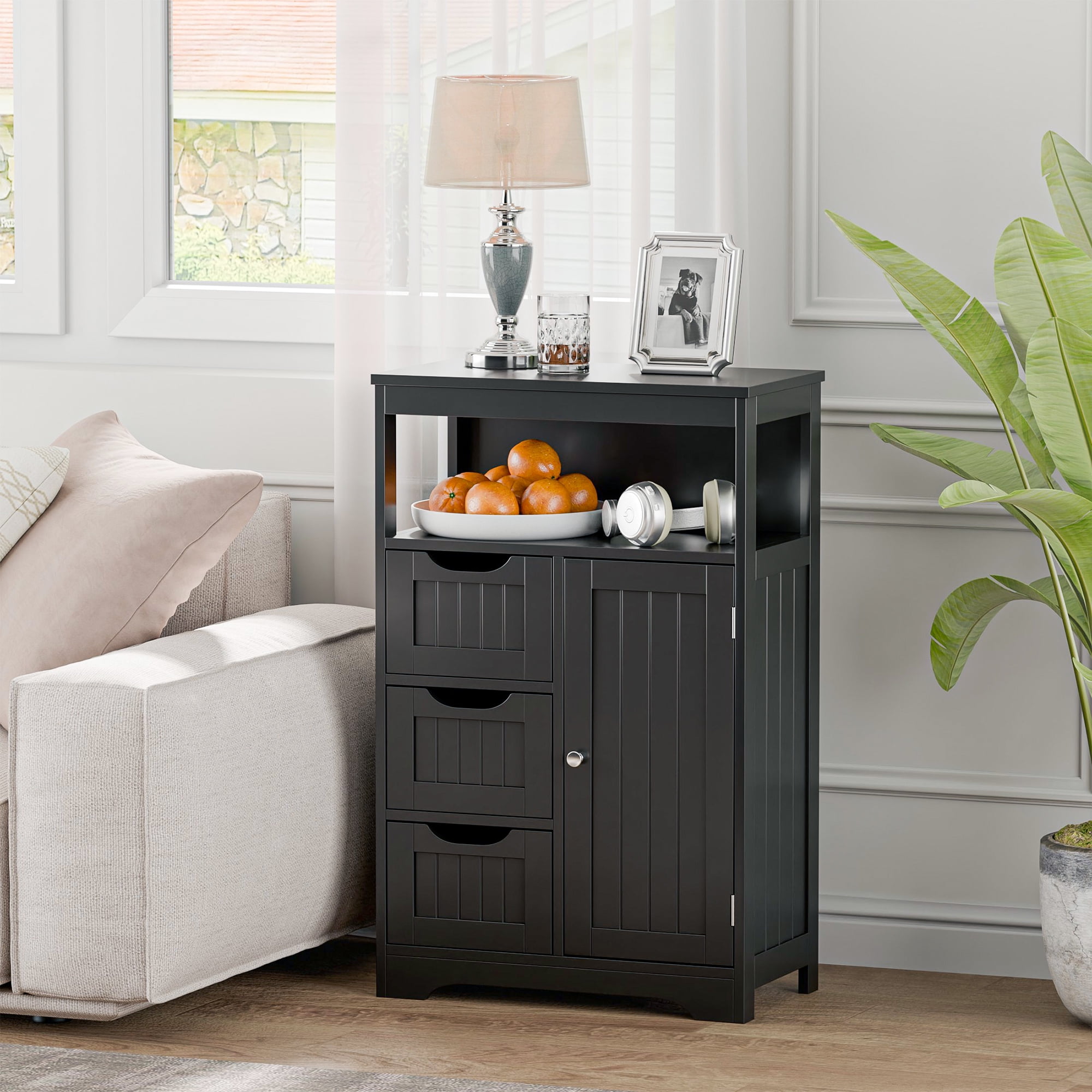HomGarden Bathroom Floor Storage Cabinet Modern Wooden Kitchen Cupboard W/Adjustable Shelf & 3 Drawers, Black