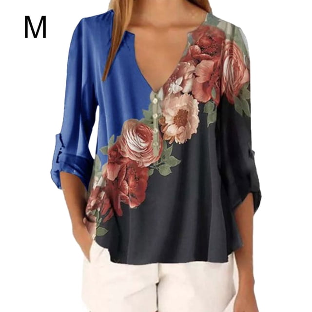 Blusa Camisa con cuello en V y estampado floral Blusa suelta de manga larga Top de mujer, Azul, M sidaley AP002021-50