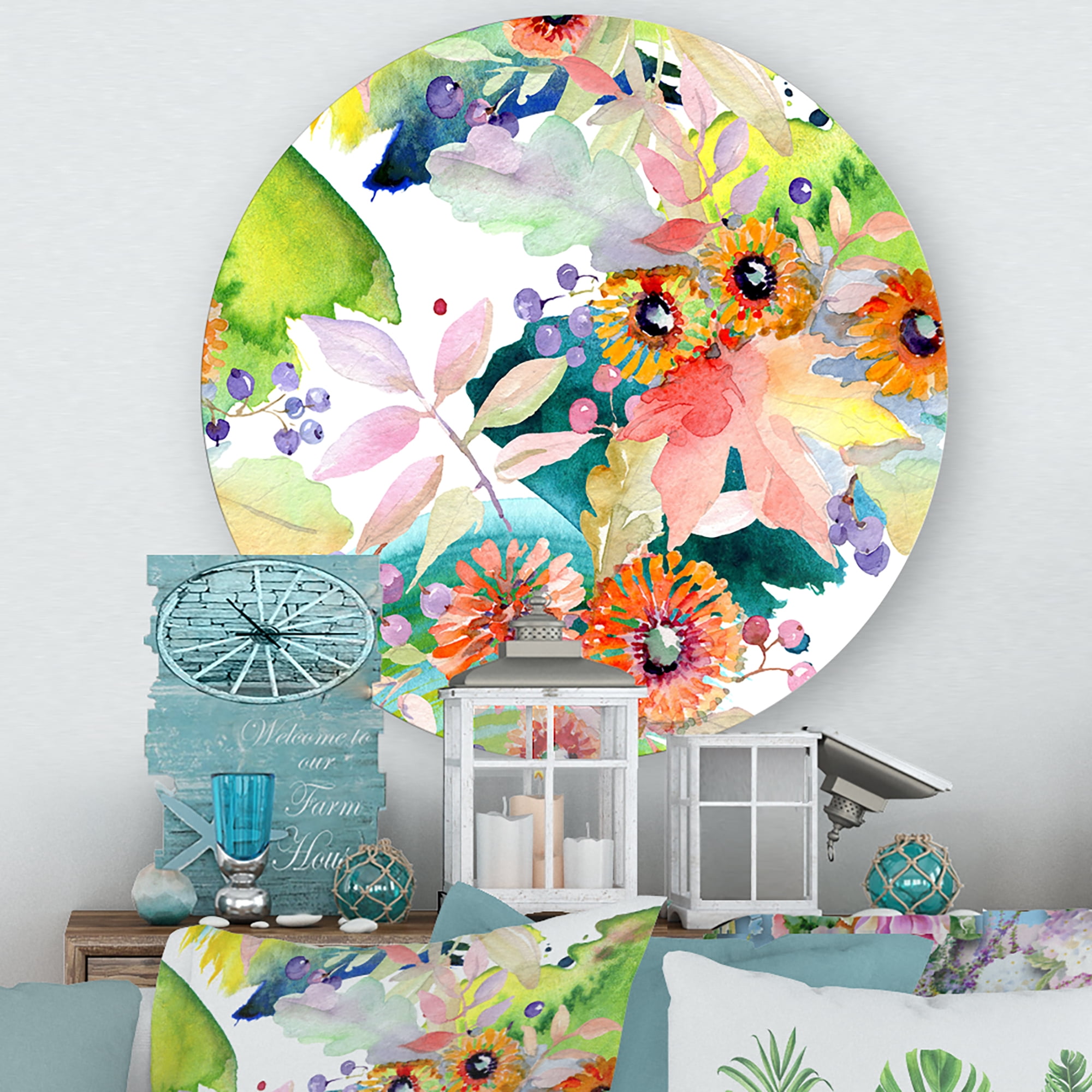 Designart 'Vital Wild Spring Leaves and Wildflowers III' Modern Circle Metal Wall Art 11x11 - Disc of 11