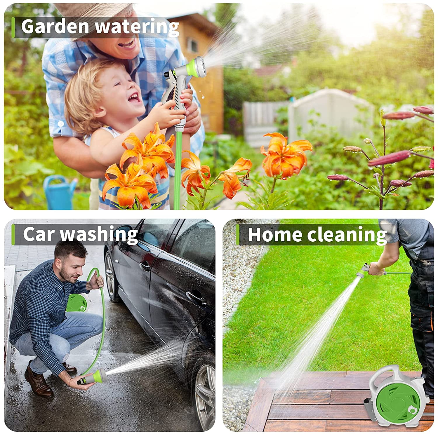 Nib Garden Retractable Hose Reel, Portable Simple Home Hose Reel 45+5 FT with 7 Patterns Spray Nozzle, Wall Mounted and Any Length Lock for Garden Watering, Car Washing, Pet (Green)
