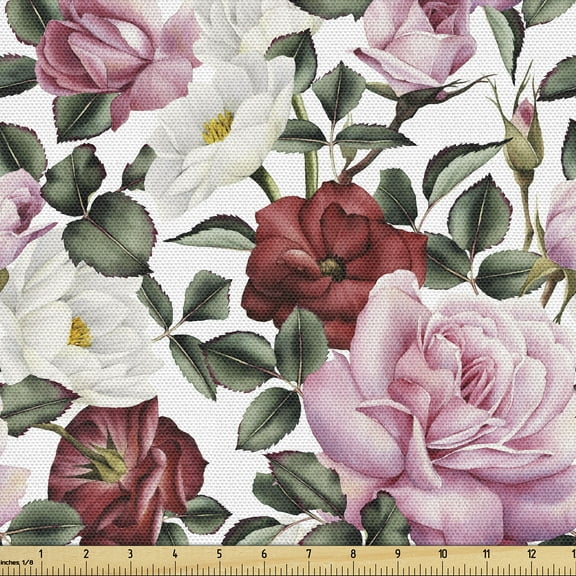 Ambesonne Blooming Roses Fabric by the Yard Upholstery, Romantic Leaves Art, 2 Yards, Pale Pink Peacock Green
