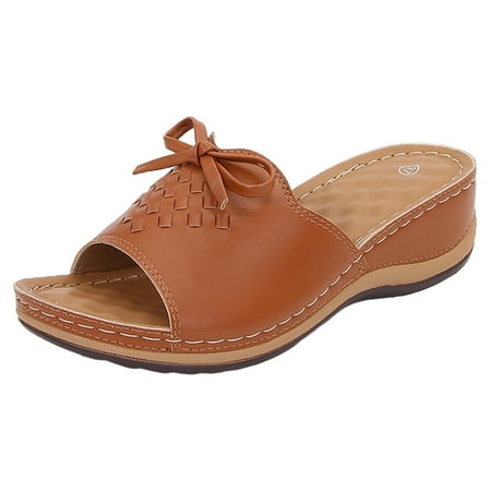 

GYUJNB Womens Platform Faux Leather Slip On Wedge Sandals Bow Tie Open Toe Slides Slippers Size 8