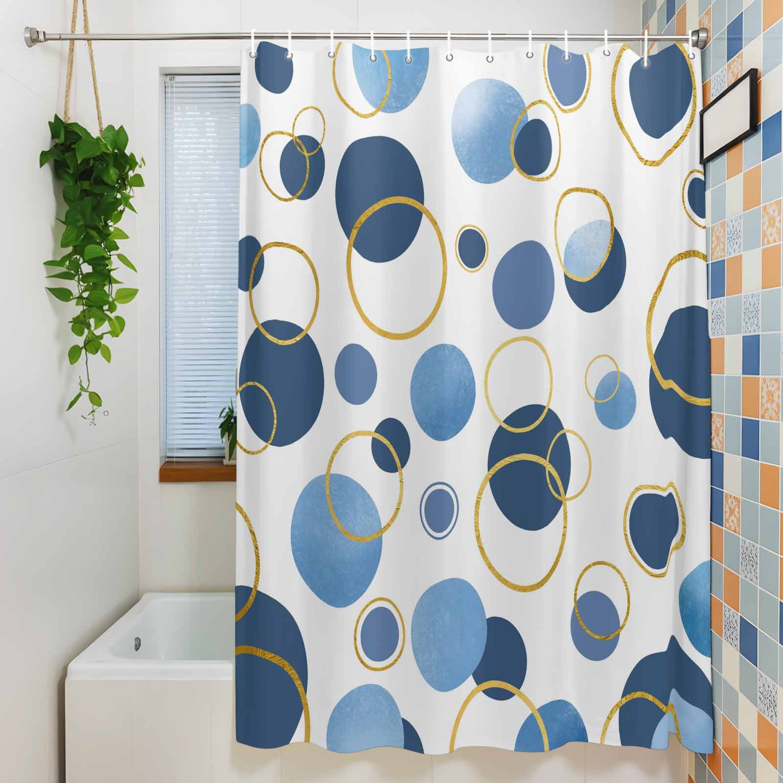 Blue Polka Dots Shower Curtain Set, Waterproof Shower Curtains for Bathroom, Modern Abstract Art Washable Fabric Cloth Bath Curtain for Bathtub Decoration with Hooks 54x78 Inches Geometric