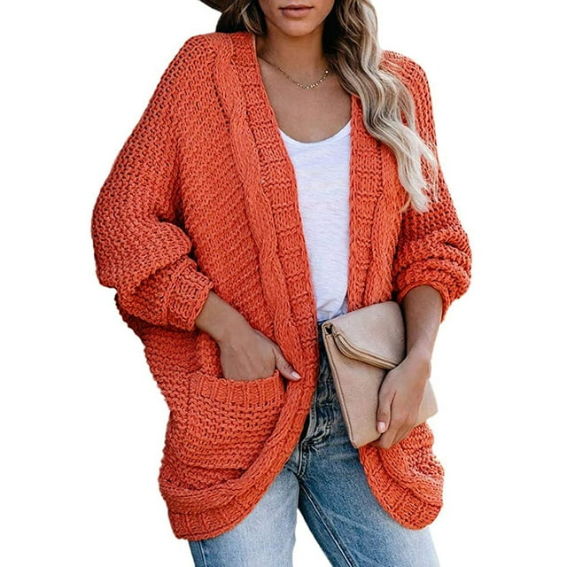 Women Open Front Long Sleeve Chunky Knit Cardigan Sweaters Outwear with Pockets
