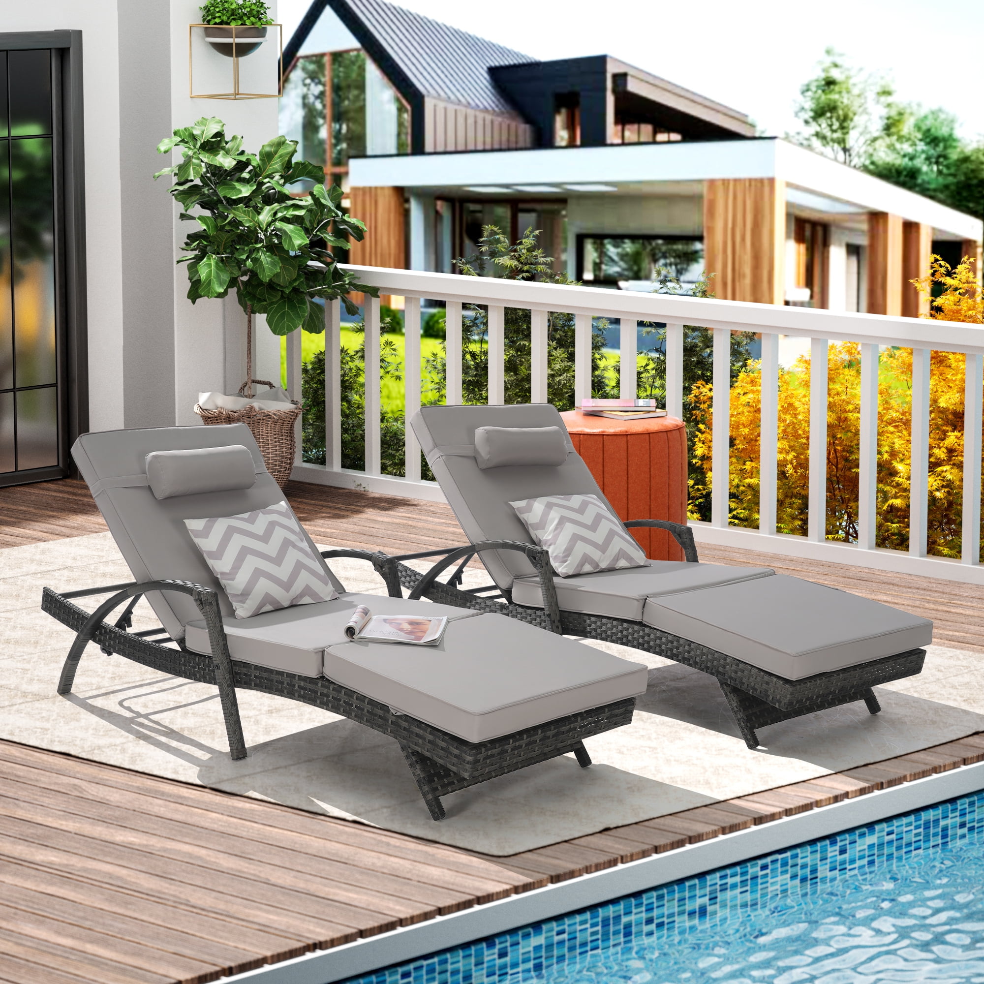 Leumius Outdoor Chaise Lounge Chair Set of 2,Wicker Reclining Lounge Chair with Cushions and Backrest Adjustable to 150° for Outside Pool Patio,Light Gray