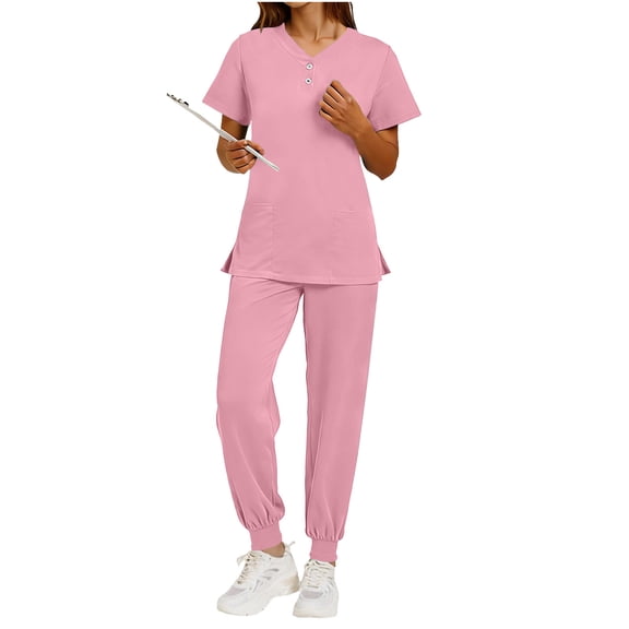Nfurl Women Scrubs Sets with Jogger Foot Short Sleeve Henley Neck Tops with 2 Pockets 2 Piece Nursing Uniform Scrubs Sets for Women Pink XXL