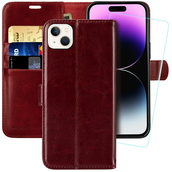 MONASAY Wallet Case Compatible for iPhone 15 5G,[Glass Screen Protector Included] [RFID Blocking] Flip Folio Leather Cell Phone Cover with Credit Card Holder, 6.1-inch