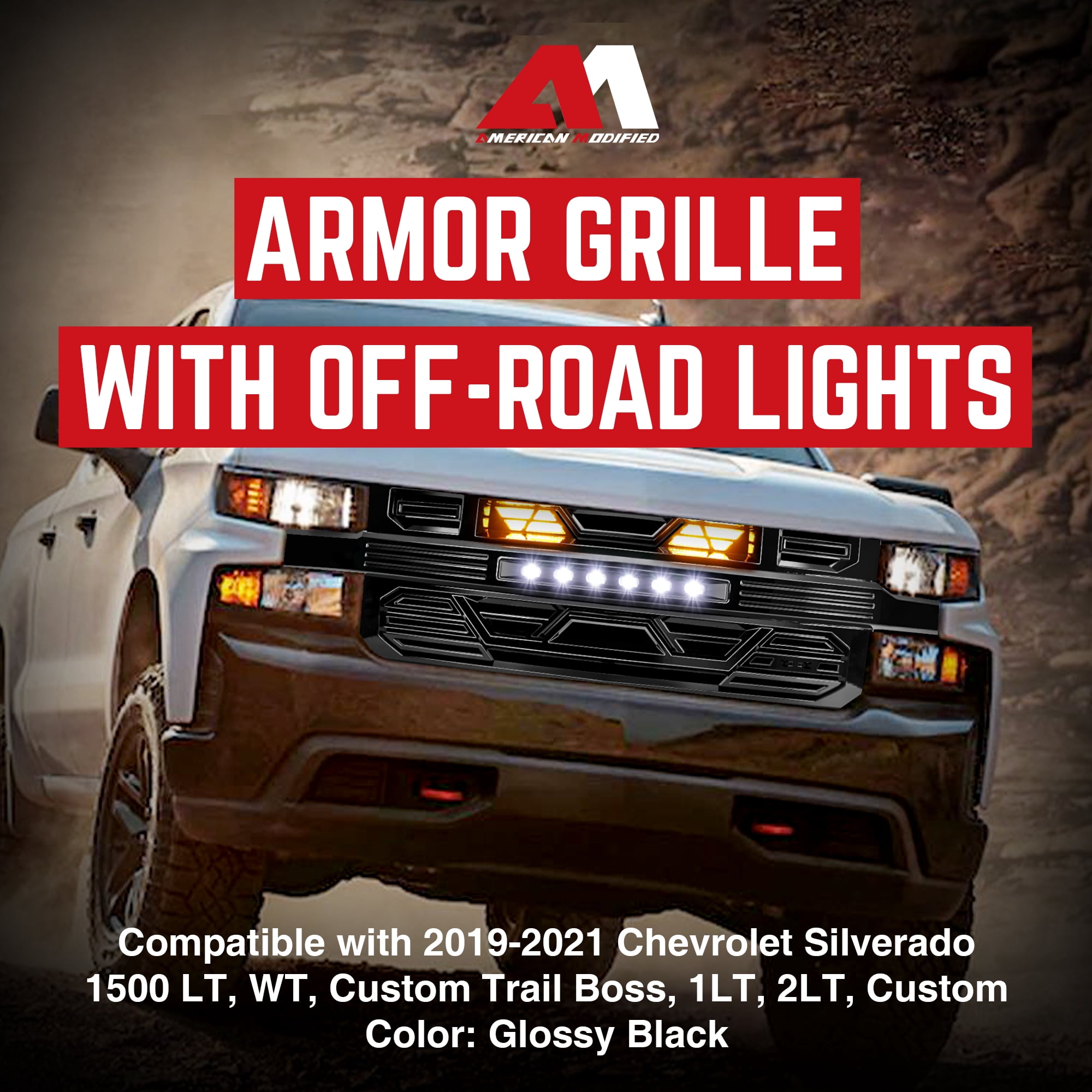 AMERICAN MODIFIED Grille w/LED for 19-21 Chevy Silverado 1500, Glossy Black