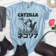 thumbnail image 2 of Catzilla Cute Cat T-shirt, Unisex Women's Men's Shirt, Funny Catzilla Cat Silly Kitty Gift, Heather Light Blue, Large, 2 of 6