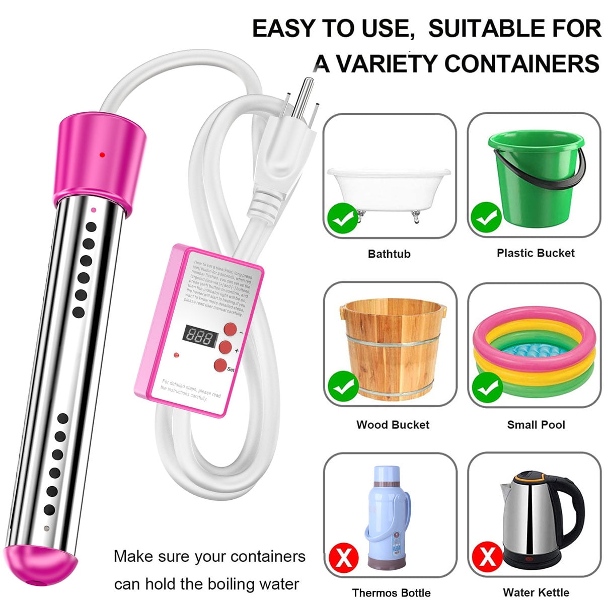 2000W Electric Immersion Water Heater with Timer & LCD Thermometer - Stainless Steel Guard for Bucket, Bathtub, Pool, Camping - 110V Portable Instant Heating Rod,Pink