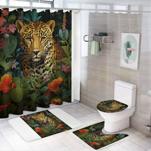 Flower Leopard 4 Pcs Shower Curtain Set with Rug Bathroom Sets with Waterproof Fabric And Non-Slip Rugs Toilet Lid Cover Bath Mat Decor with Hooks