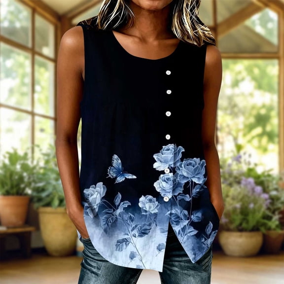 Uootdi Women's Sleeveless Tank Tops Round Neck Watercolor Floral Print Camisoles Boho Casual Style Lightweight Loose Fit Tops Gift