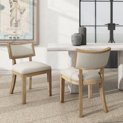 Set of 2 Dining Chairs with Upholstered Seat and Rubberwood Frame for Dining Room Kitchen, Farmhouse Curved Back Design, Beige