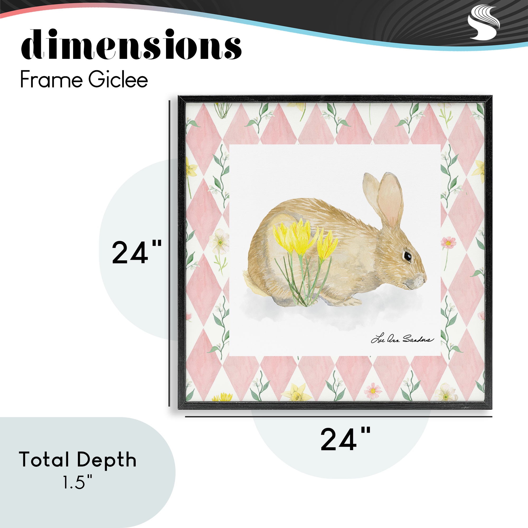 Buttercup Bunny on Pink Argyle Black Framed Giclee Art, design by Lee Ann Sanders