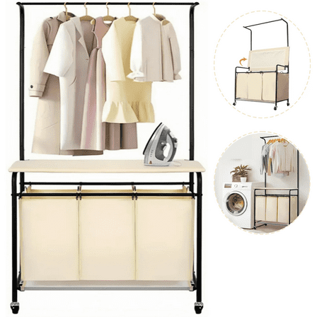 Petoto 3 Bag Laundry Sorter Rolling Cart with Hanging Bar and Ironing Board Top, Heavy-Duty Laundry Hamper