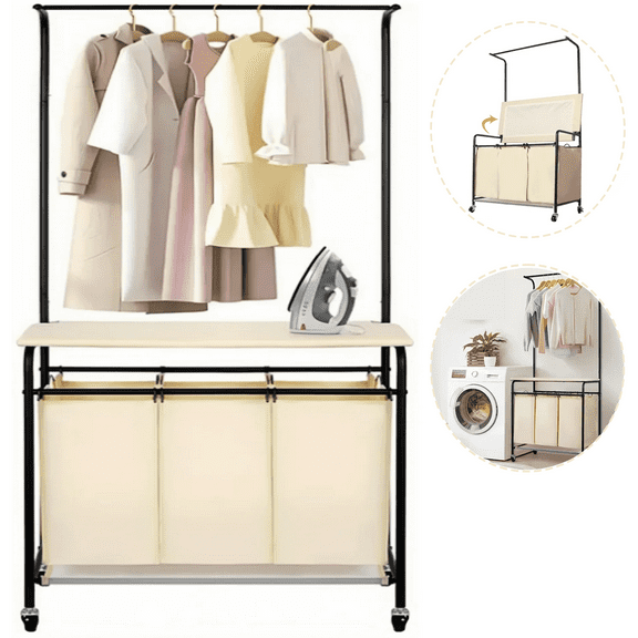 Petoto 3 Bag Laundry Sorter Rolling Cart with Hanging Bar and Ironing Board Top, Heavy-Duty Laundry Hamper
