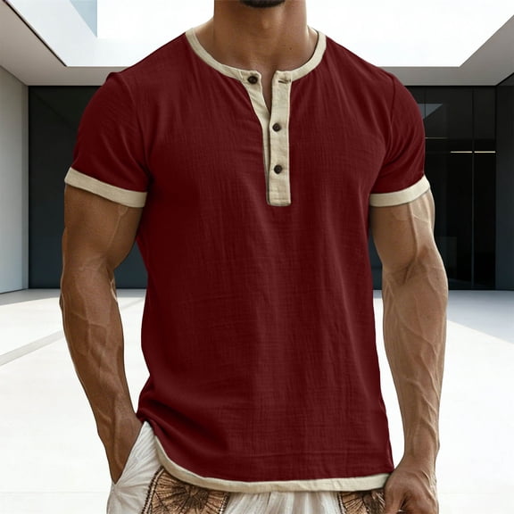 Blczomt Red Mens Short Sleeve Shirts Casual Henley Big and Tall Tees Plain Summer Tshirts for Men