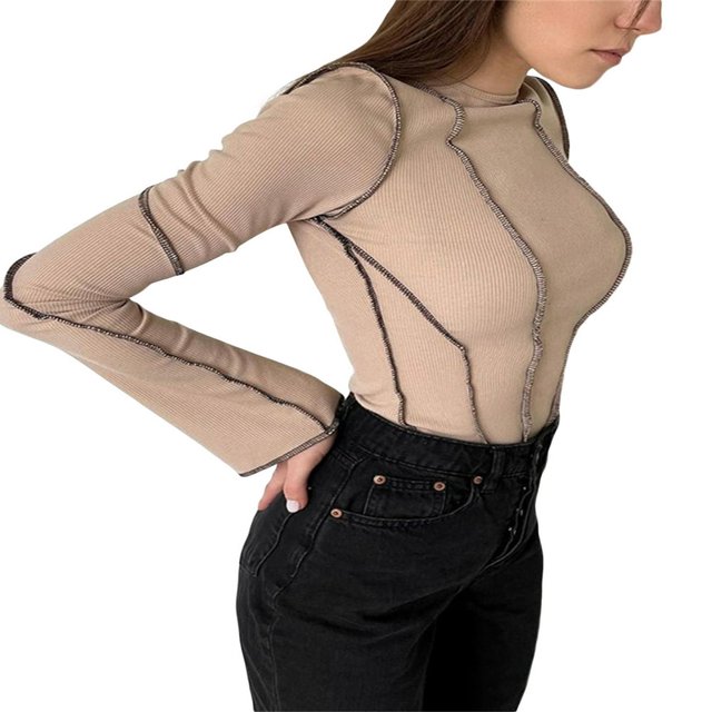 Women Fashion Wild T-Shirts Patchwork Knitted Ribbed Neck Flare Long Sleeve Shirts Spring Autumn Slim Fit Tops