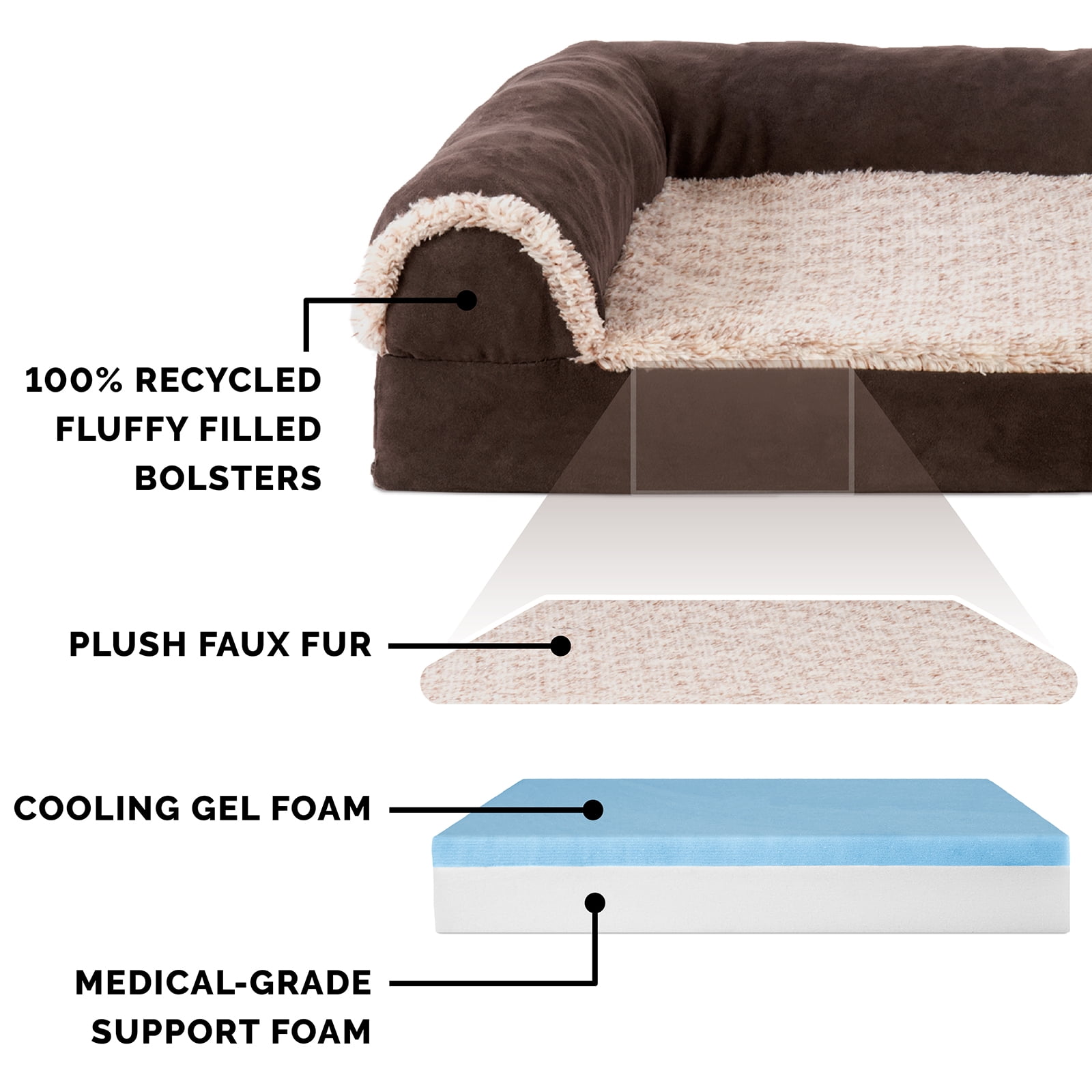 FurHaven Pet Products Two-Tone Faux Fur & Suede Cooling Gel Top Deluxe Chaise Lounge Pet Bed for Dogs & Cats - Espresso, Large