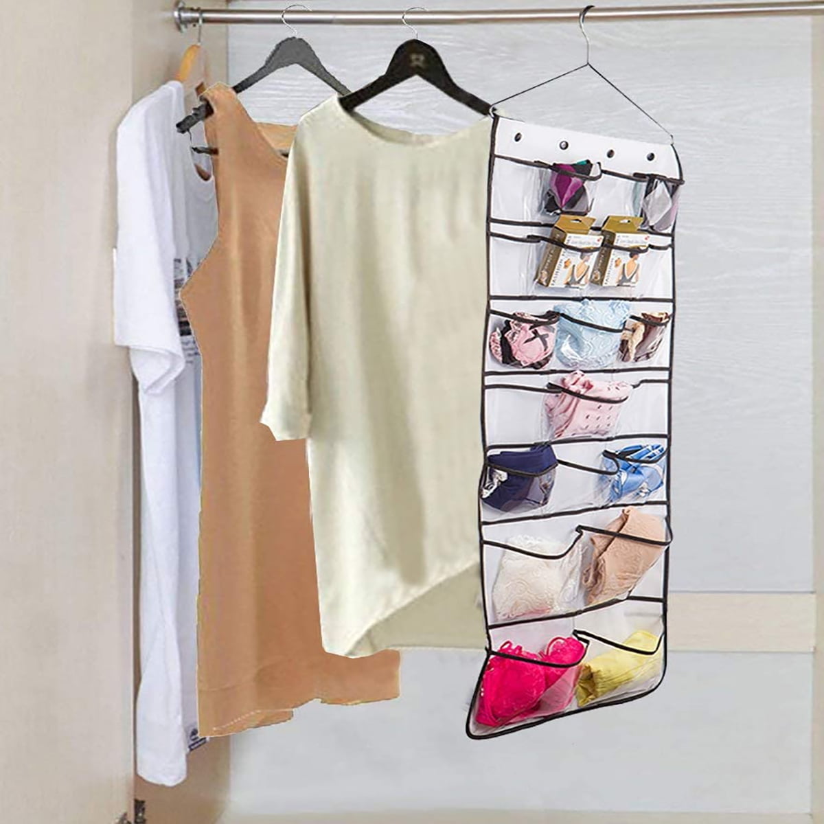 Kepooman Dual-Sided Hanging Closet Organizer with 42 PVC Pockets & Metal Hanger for Bra Underwear Underpants Socks, White Kepooman Dual-Sided Hanging Closet Organizer with 42 PVC Pockets & Metal Hanger for Bra Underwear Underpants Socks, White