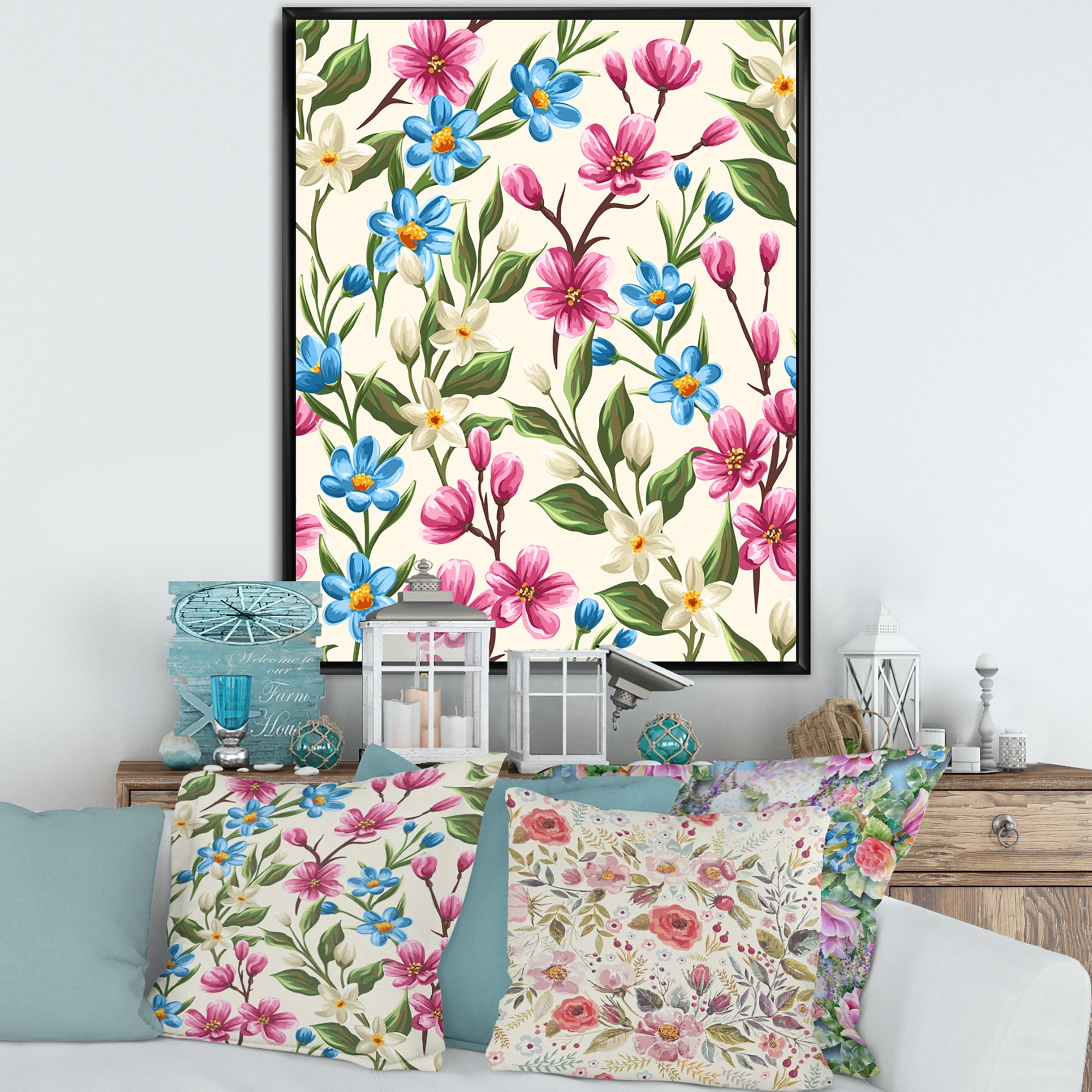 Designart 'Vintage Blue and Pink Wildflowers' Traditional Framed Canvas Wall Art Print
