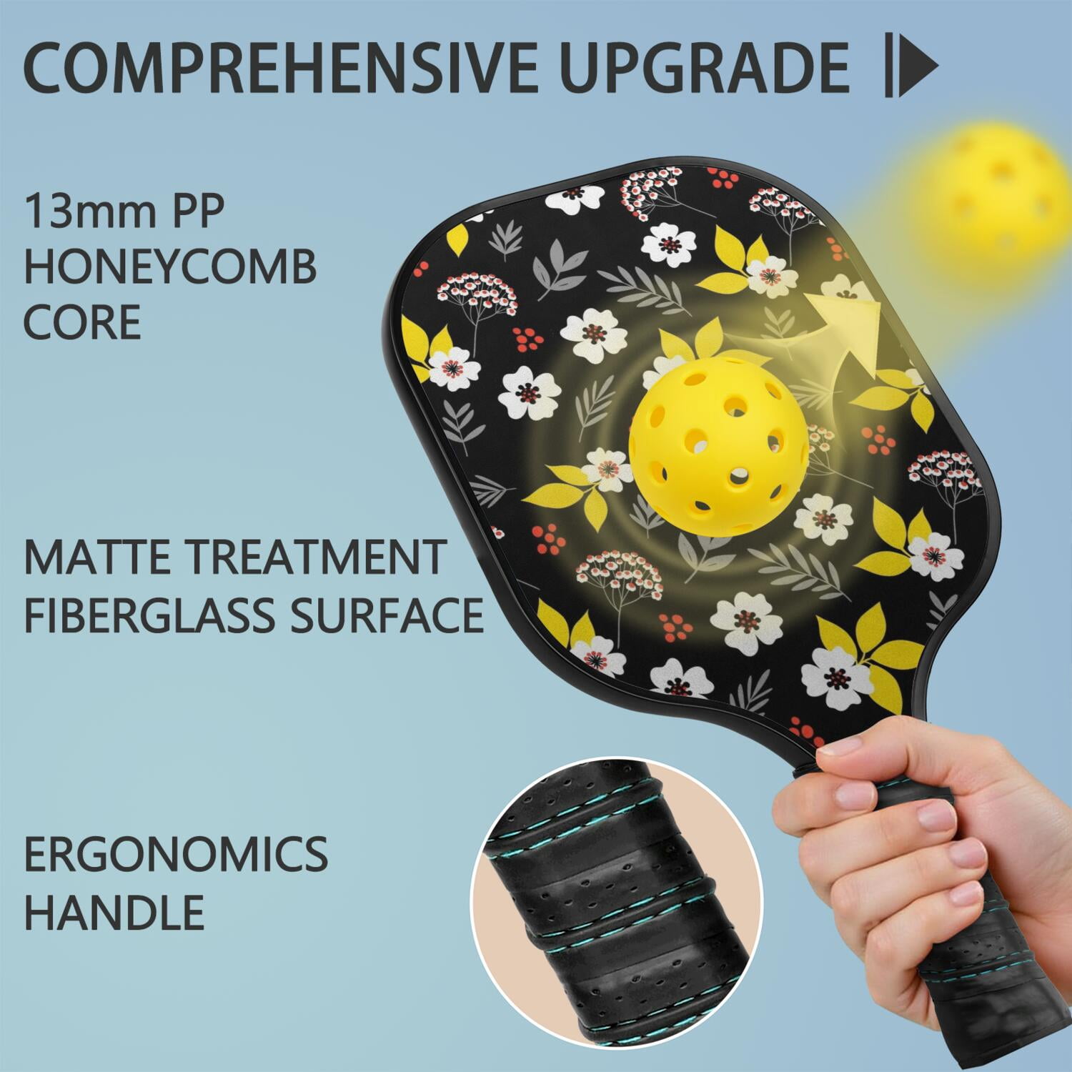 Pickleball Paddles Set,Pioneer Flower Floral Print Pattern Fiberglass Surface Pickleball Racket Set with 2 Indoor Outdoor Pickleball Balls and Pickleball Bag,Pickle-ball Equipment