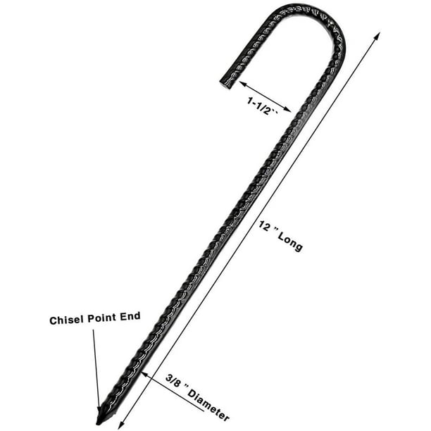 Nhz 16” Ground Rebar Stakes (8pcs) Heavy Duty J Hook Ground Anchors, Curved Steel Plant Support Garden Stake with Chisel Point End, Hammer Through