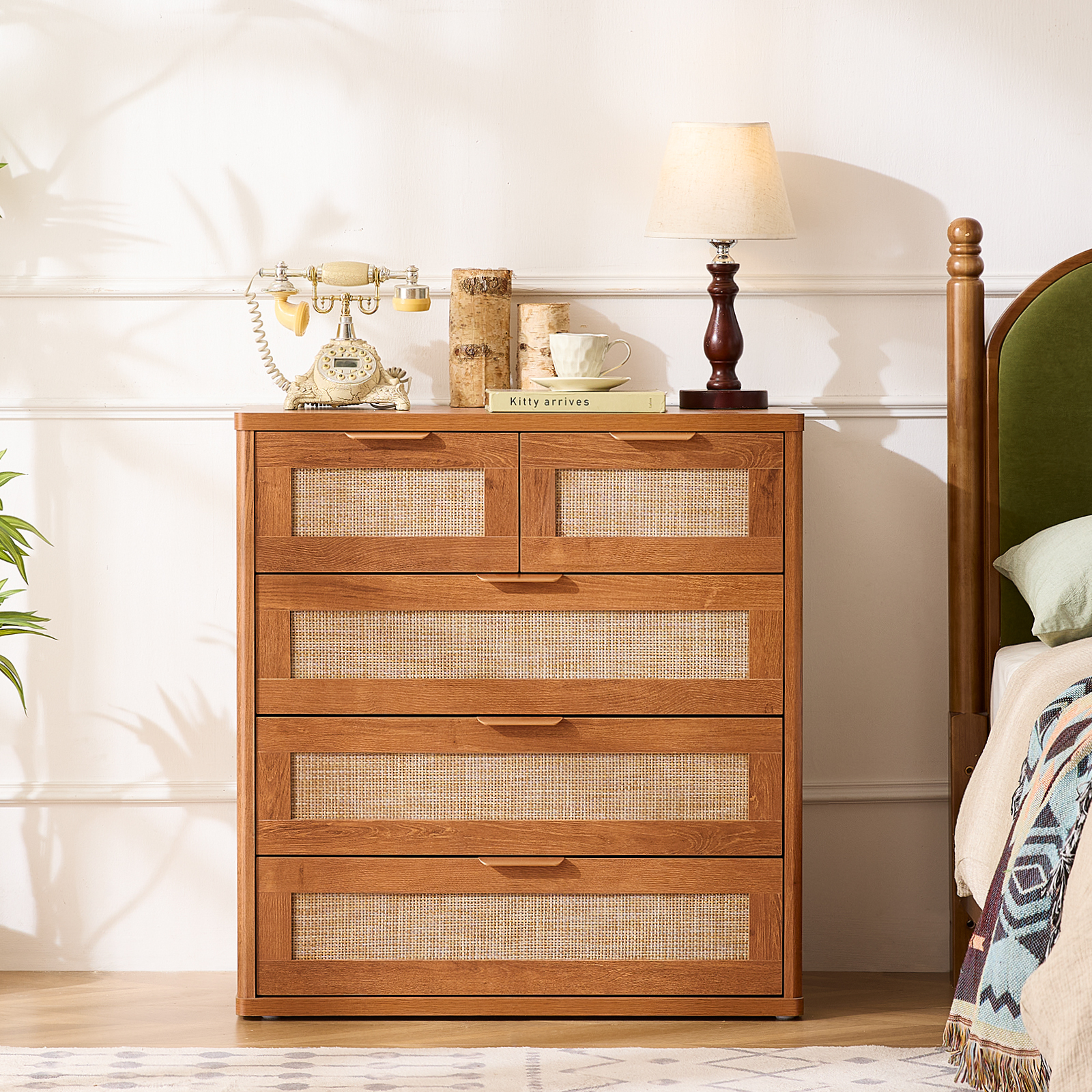2 Pcs Rattan Drawer Dresser for Bedroom, Tea Brown Wooden Chest of Drawers, Modern 5 Drawer Chest Storage Dresser for Closet, Living Room, Hallway