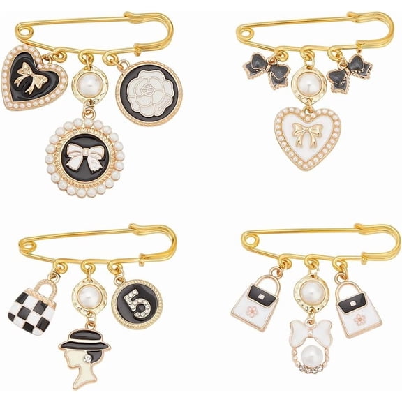 4pcs Fashion Brooch Pins Bowknot & Heart & Bag & Number 5 Charms Safety Pin Brooches Retro Alloy Enamel Golden Lapel Pins Vintage Pearl Brooches Pins