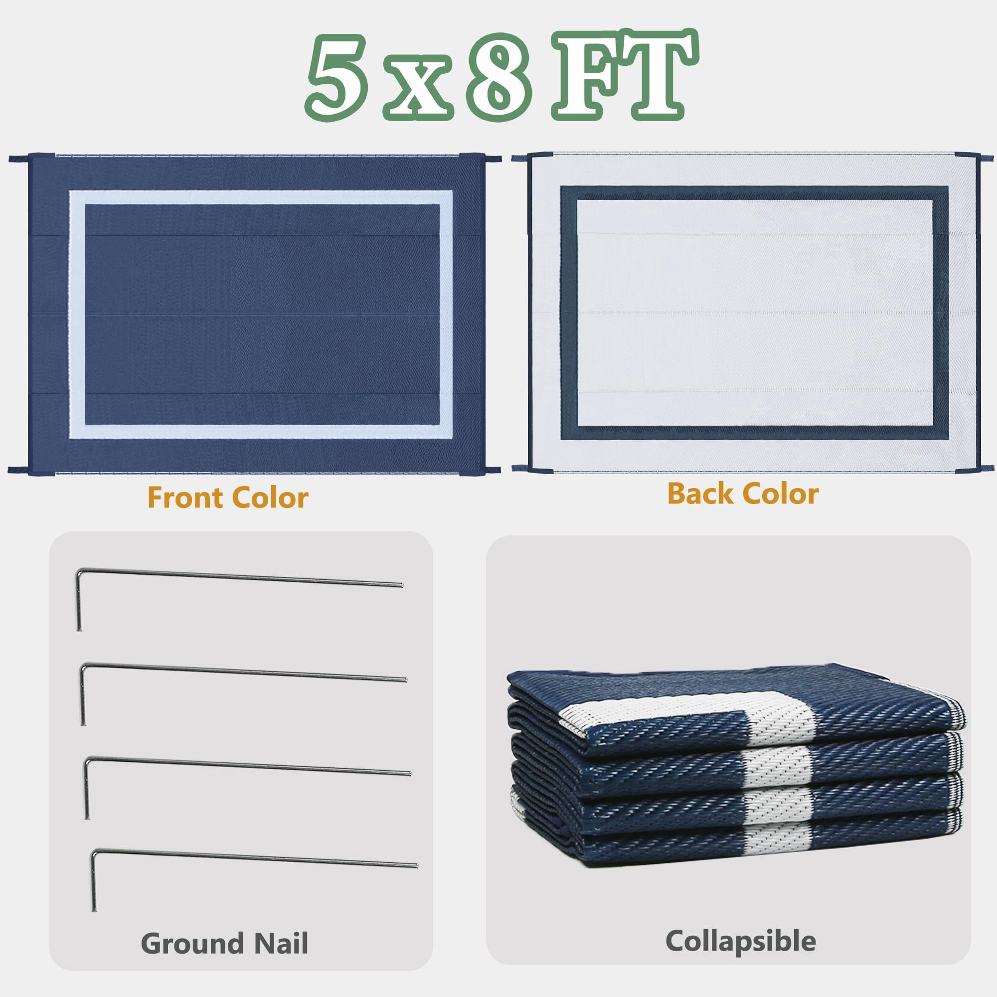 Bibana 5ft x 8ft Outdoor Rug, Reversible Waterproof Plastic Straw Mat for Patio, Deck, RV, Porch, Balcony & Backyard, Indoor/Outdoor Floor Carpet (Blue)