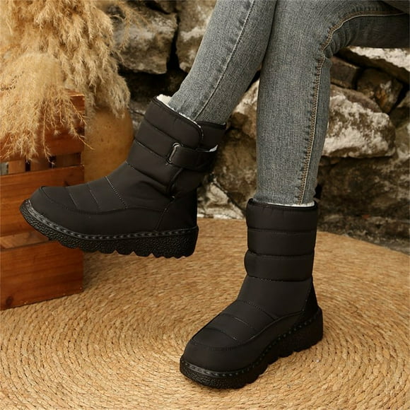 XIMIN Women's Thermal Fleece Lining Anti Skid Mid Calf Boots Waterproof Cloth Warm Snow Boots Round Toe Plush Lining Slip-On Waterproof Winter Boots with Hook And Loop