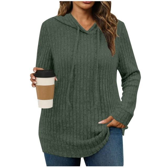 HAiming Womens Knitted Hoodies Causal Long Sleeve Solid Color Drawstring Hooded Sweater Sweatshirts