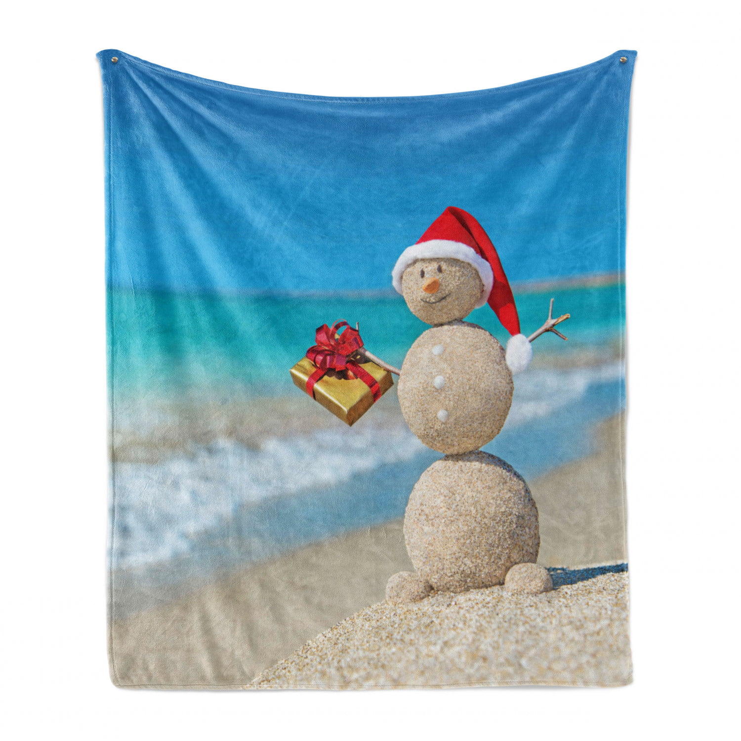 Twin Size Ambesonne Christmas Flat Sheet Soft Comfortable Top Sheet Decorative Bedding 1 Piece Sand Snowman with Santa Hat and Present Tropical Beach Australian Noel Blue and Vermilion