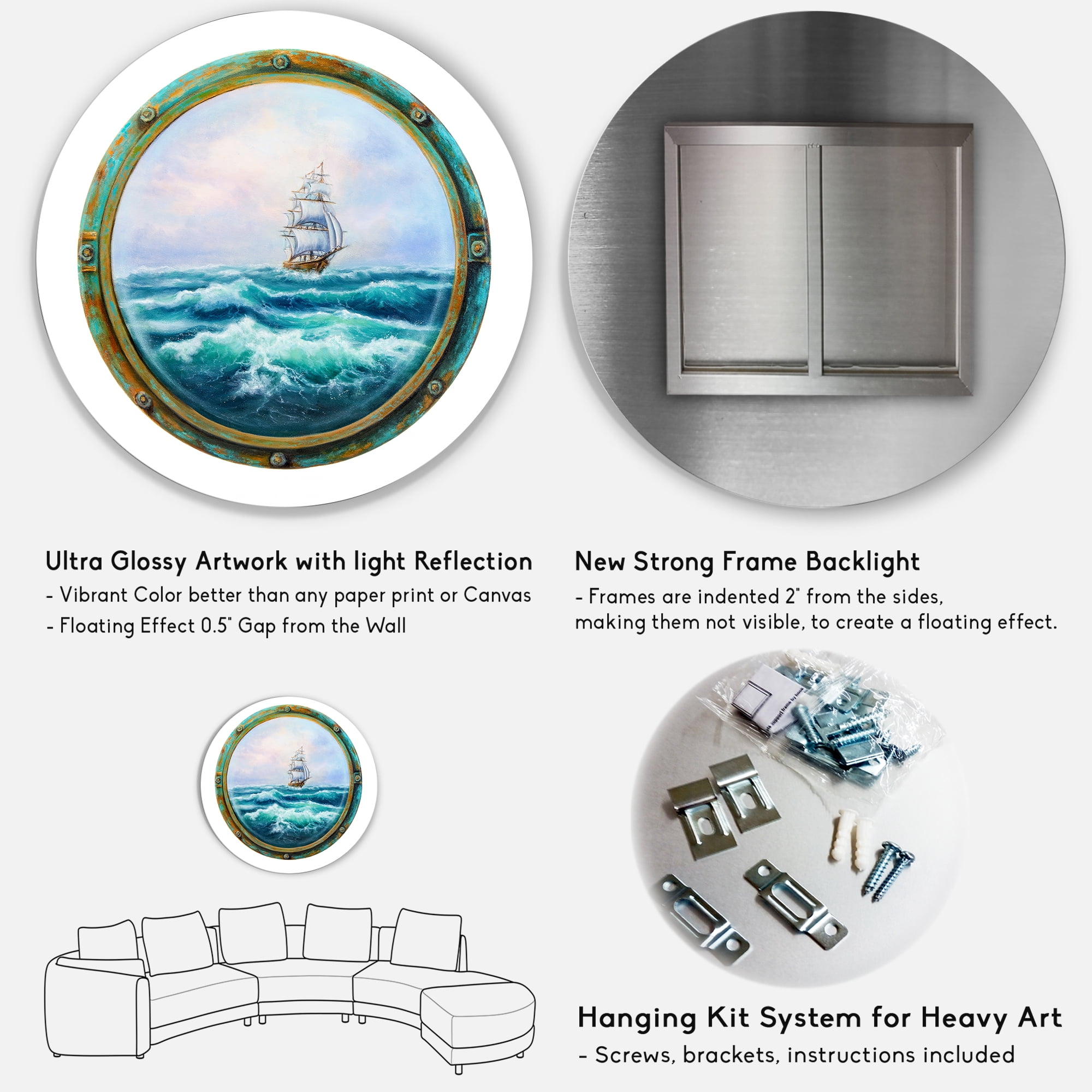 Designart 'Ship In Stormy Ocean Through Cabin Window' Nautical & Coastal Circle Metal Wall Art 11x11 - Disc of 11