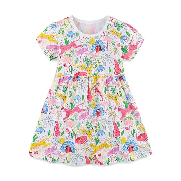 WhouRiu Girls Casual Cartoon Graphic Dresses Short Sleeve Crew Neck A Line Dress Kids Comfortable Cute Summer Everyday Sundress,6-7 Years